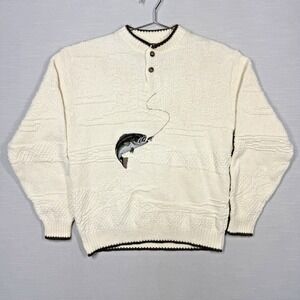 Vintage Shenandoah Sweater Men L Ivory Henley Bass Fish On 3D Knit USA 90s